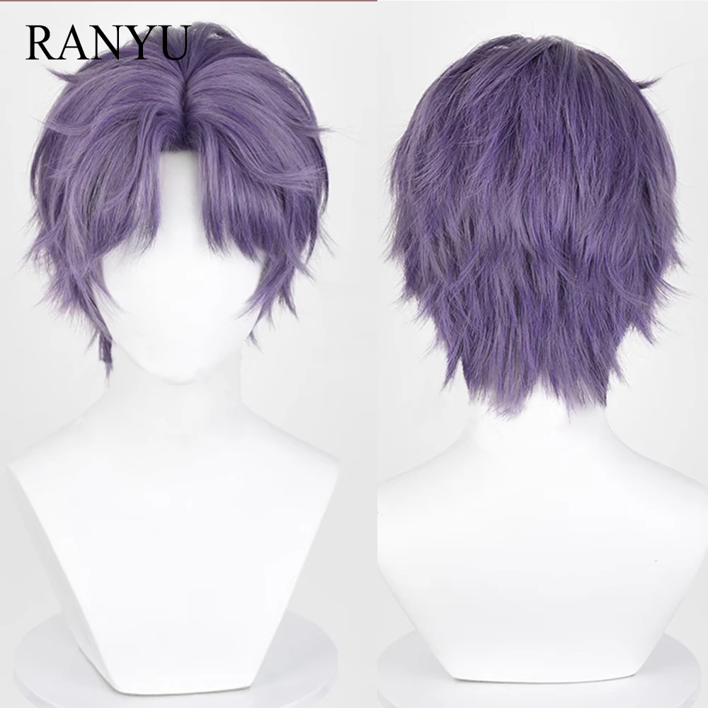 RANYU syntetyczna krótka prosta fioletowa peruka męska część środkowa Anime gra Cosplay puszyste włosy peruka termoodporna na imprezę