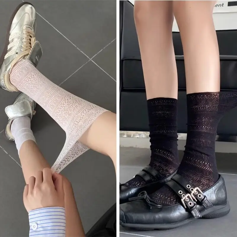 Summer Women Lolita Socks Retro Flower Lace Hollow-Out Stocking Female Breathable Transparent Sweet Mesh Sock Harajuku Socks