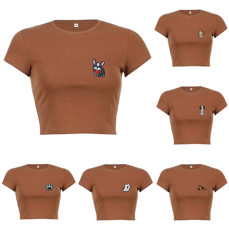 Y2k Women's Puppy Embroidered T-shirt Slim Graphics Korean Fashion Harajuku Street Short-sleeved Beautiful Crop Tops In Summer