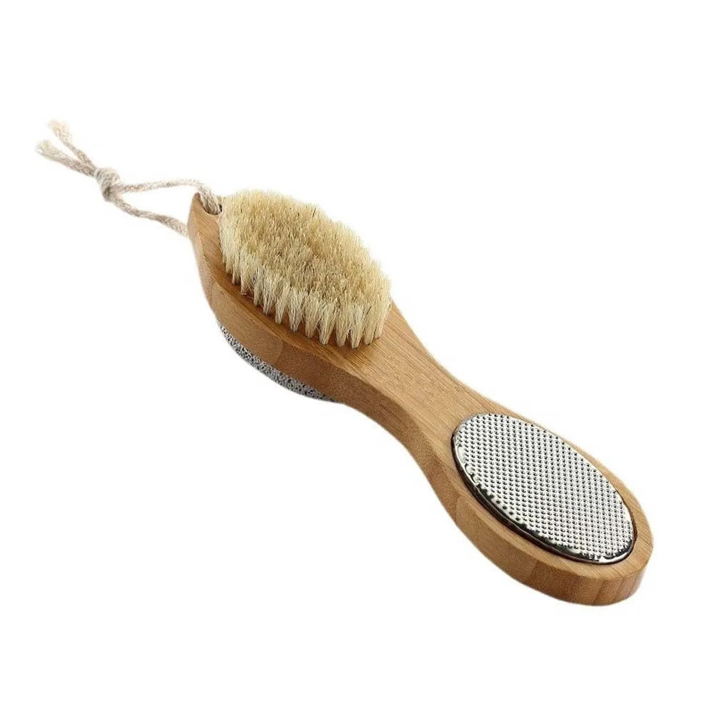 Lima per piedi portatile con manico in legno con foro per appendere Lavapavimenti per sfregamento del piede dal design quattro in uno, facile da pulire, impugnatura comoda