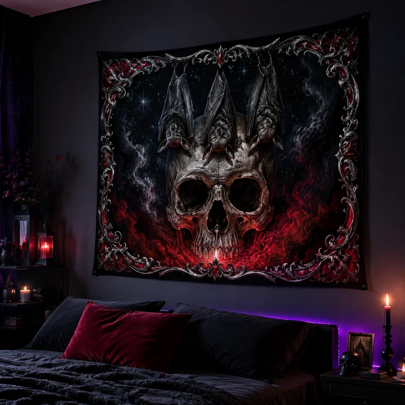 VIKAMA Dark Skeleton Knight Tapestry, Medieval Armored Warrior Holding a Red Rose Wall Hanging, Living Room Home Decor