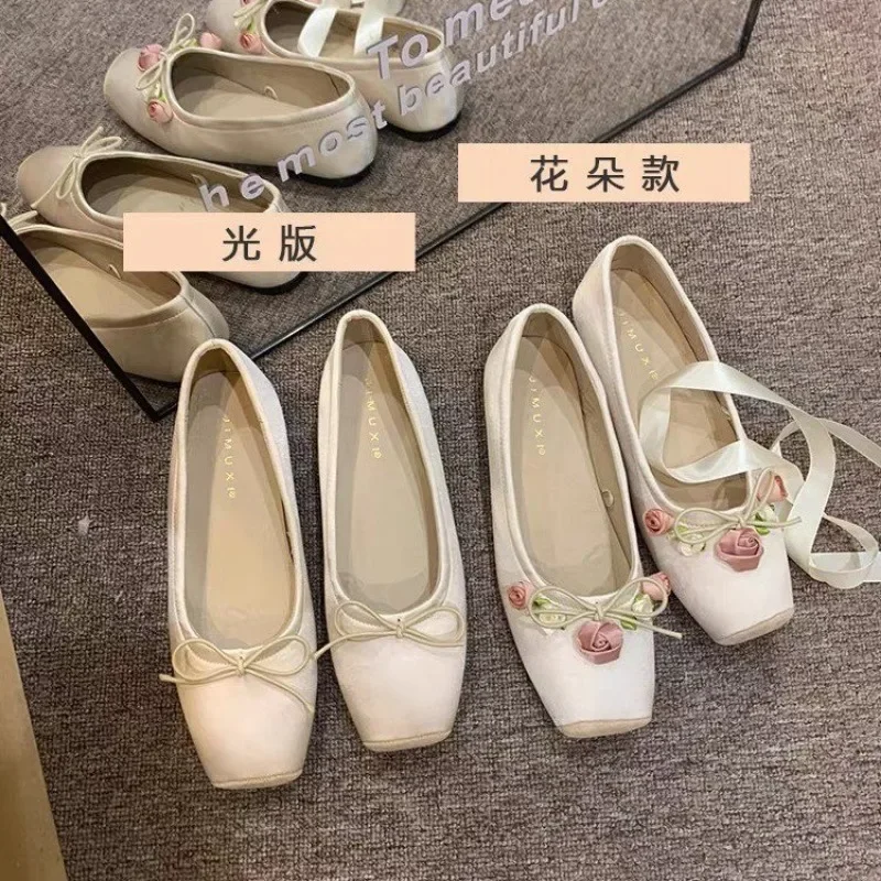 New Style Classic Silk Ballet Shoes Lace Up Ballet Shoes Women Square Toe Bowtie and Rose Flower Women Flat Elegant Luxury Shoes