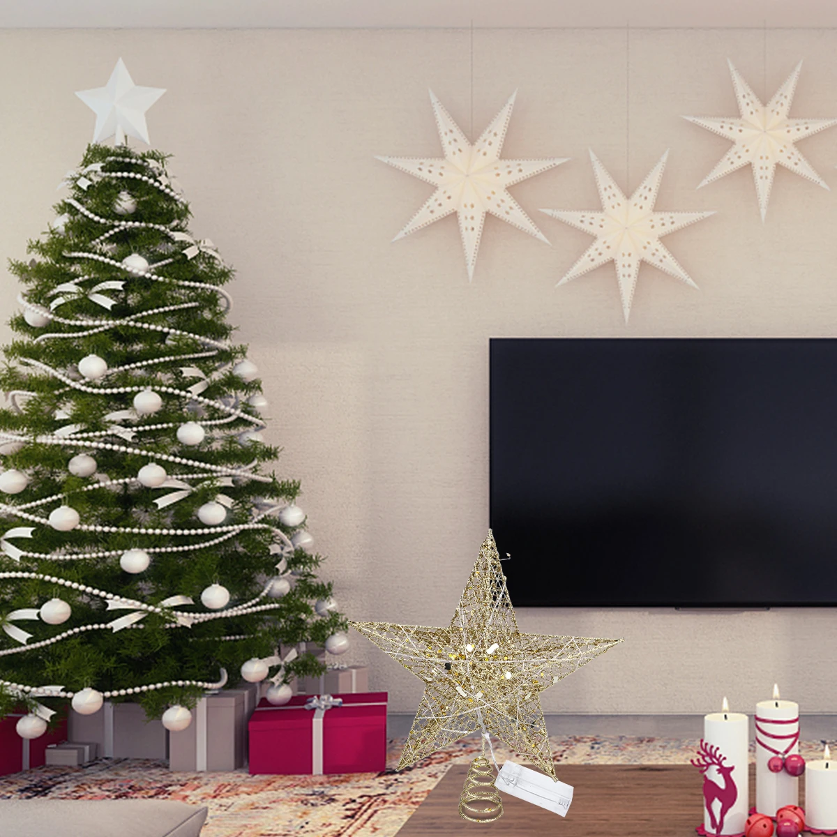 

Ornament Christmas Tree Top Star Decoration Adornment Topper with Lights Pvc Office Decorations