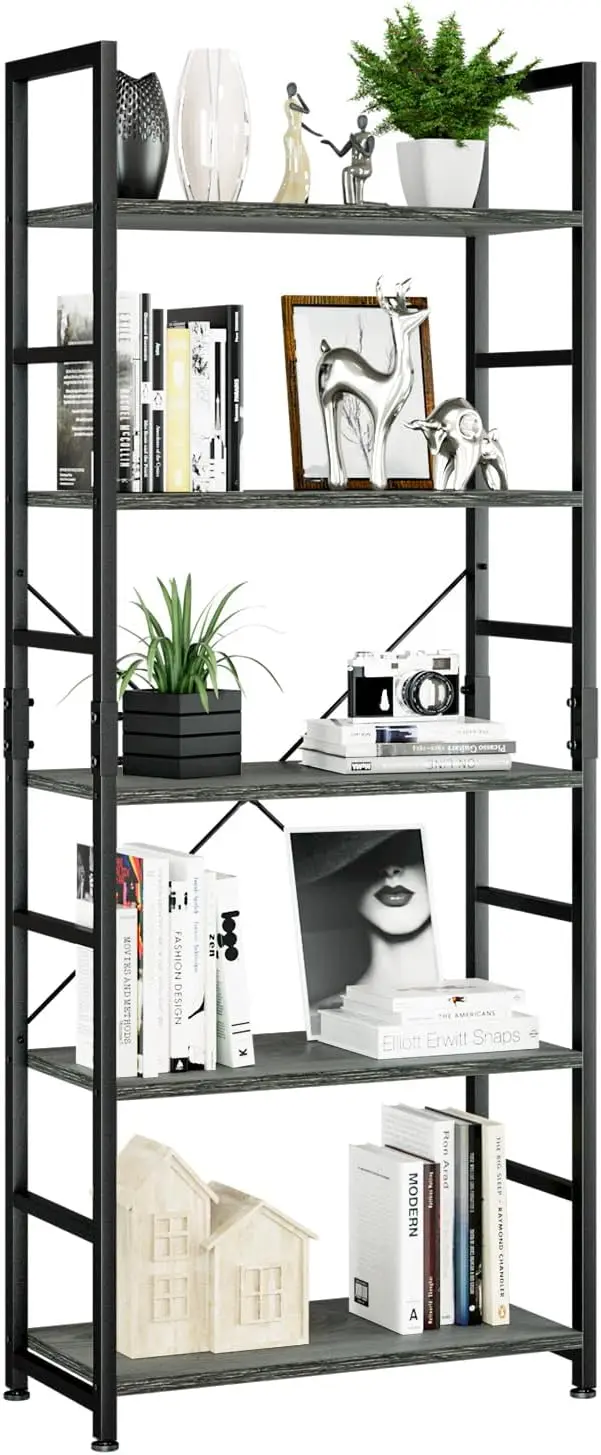 

5 Tier Bookshelf, Tall Bookcase Shelf Storage Organizer, Modern Book Shelf for Bedroom, Living Room and Home Office, Dar