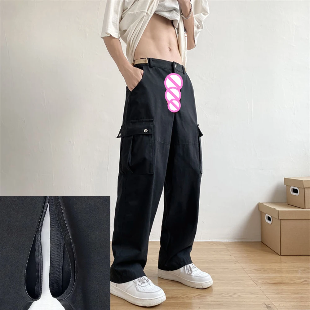 Big Pocket Casual Pants Exoticism Wide Leg Trousers Street Overalls Men's Invisible Open Crotch Outdoor Sex Cargo Loose Straight