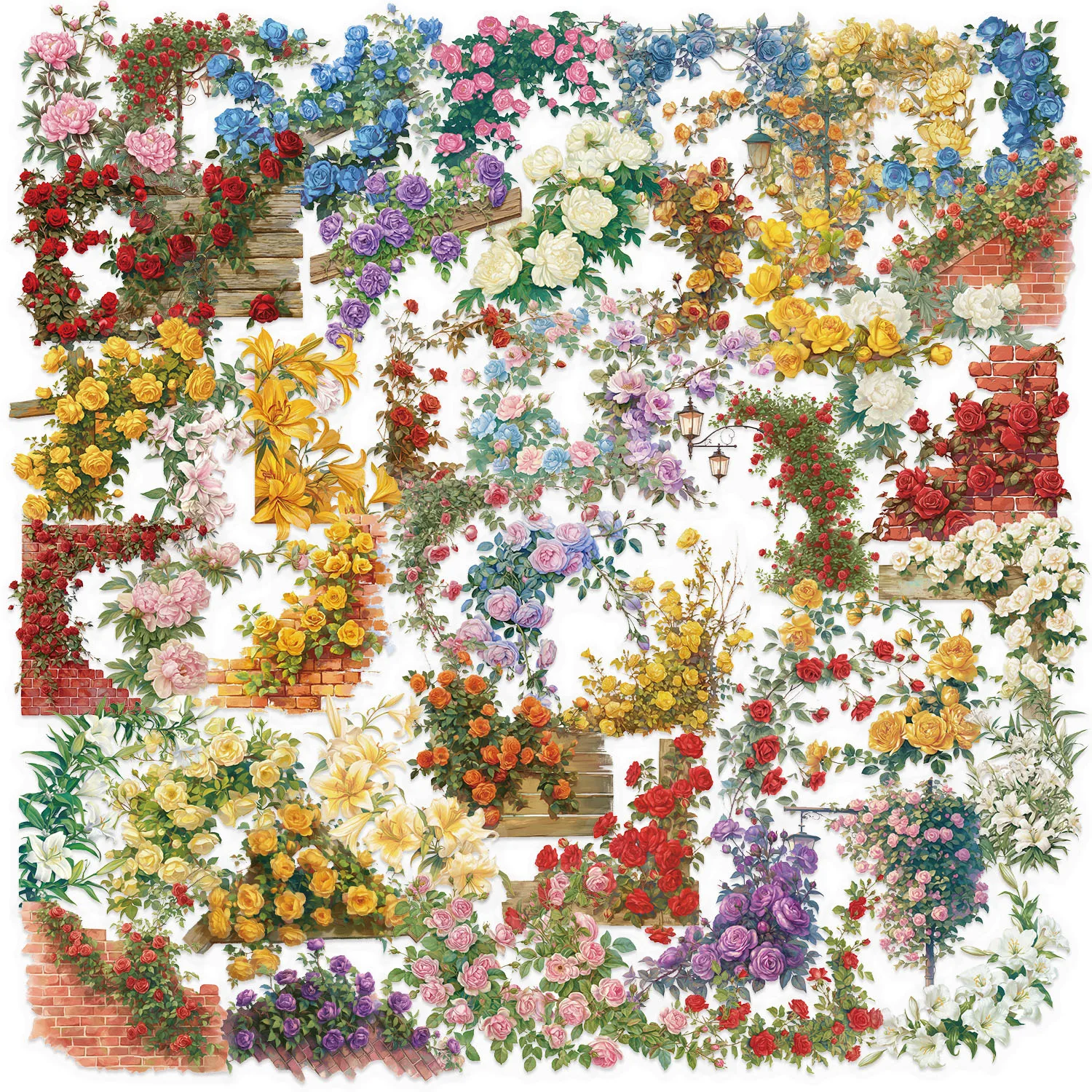 50 Pcs Cartoon Vintage Floral Decals Waterproof PET Material for DIY Handmade Notebook Guitar & Phone Case Decorations
