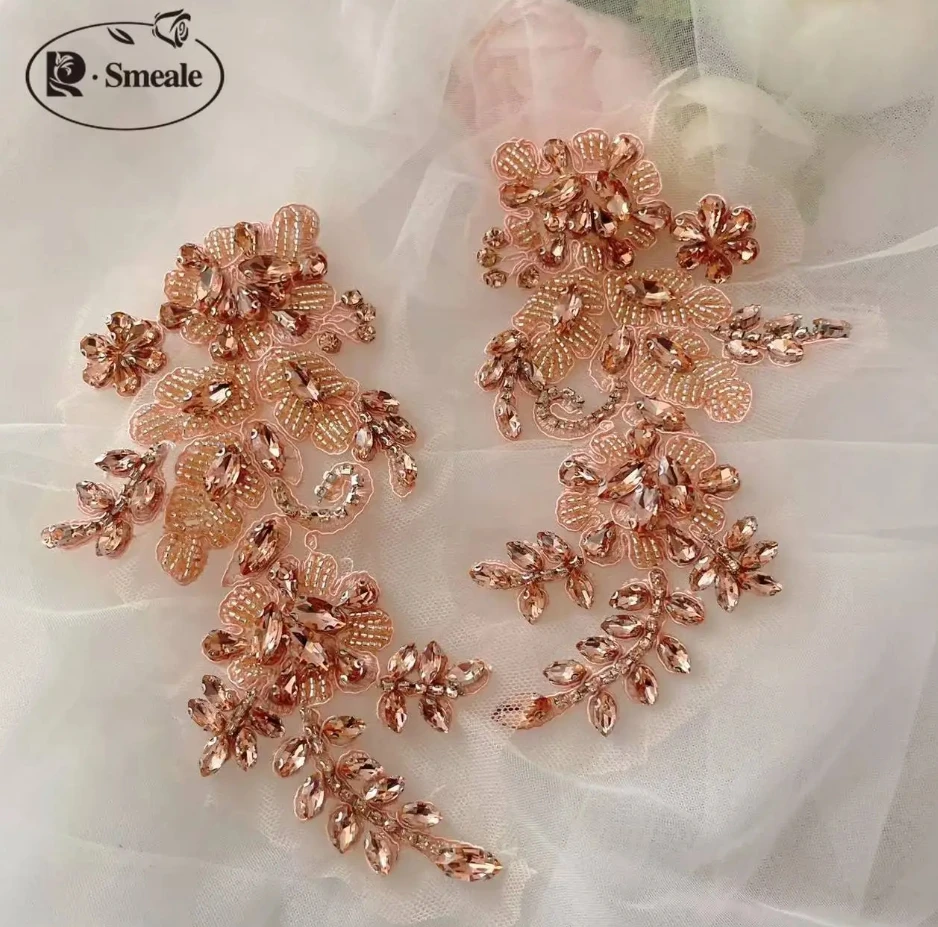 1 Paar handgenähte Glasbohrer-Spiegelblumen, funkelnde Strass-Blumen, Mäntel, Bündchen, Schultern, Hochzeitskleid, DIY-Patch RS4208