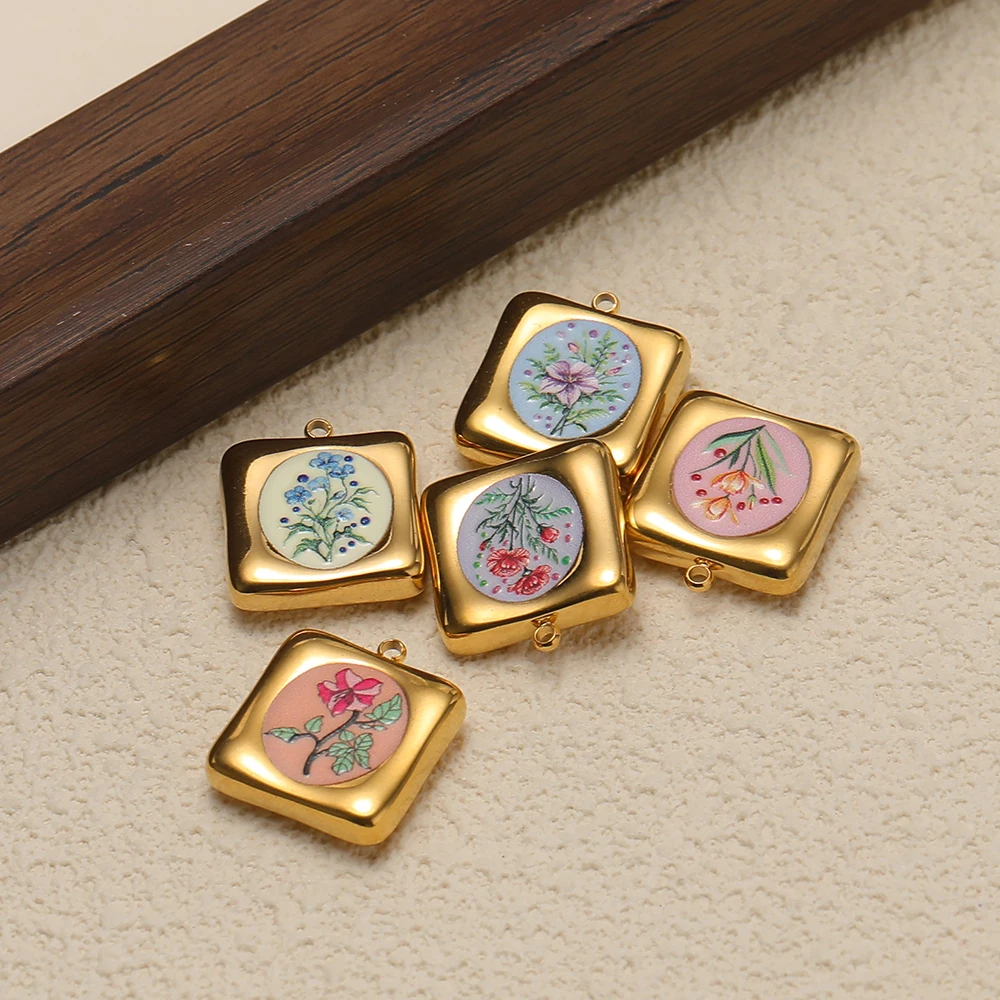 4 Stücke Edelstahl Quadratische Emaille-Blumenanhänger für DIY-Schmuck, Halsketten, Anhänger, Armbänder, Kinderohrringe, Geschenke für Kinder – Detail 5