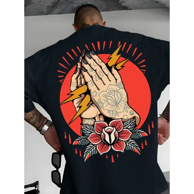 Men's T-shirt Avant-garde Rock Style Bold Lightning Bolt Pattern Short Sleeved, Suitable for All Seasons, Summer Casual T-shirt