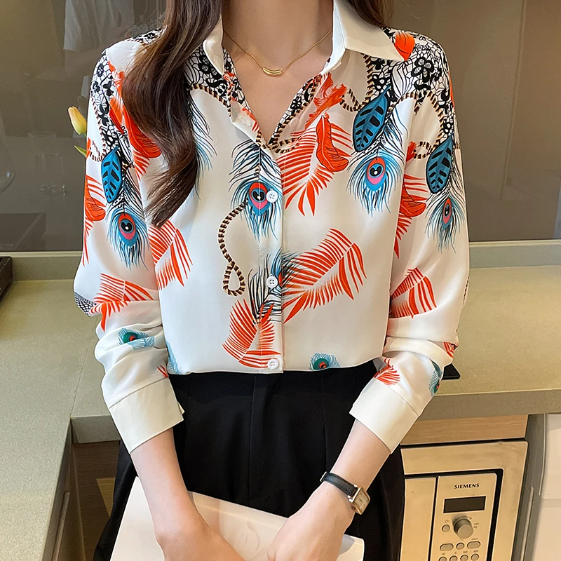 Fashion Autumn Feather Printing Shirts Woman Luxury Casual White Blouse For Women Elegant Long Sleeve Spring Top Female Xym143