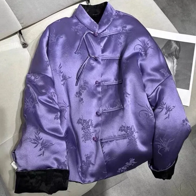 

New Chinese-style Women's Winter Wear Strong Sense Sophistication Super Beauty Purple Button-down Tang Suit Cotton-padded Jacket