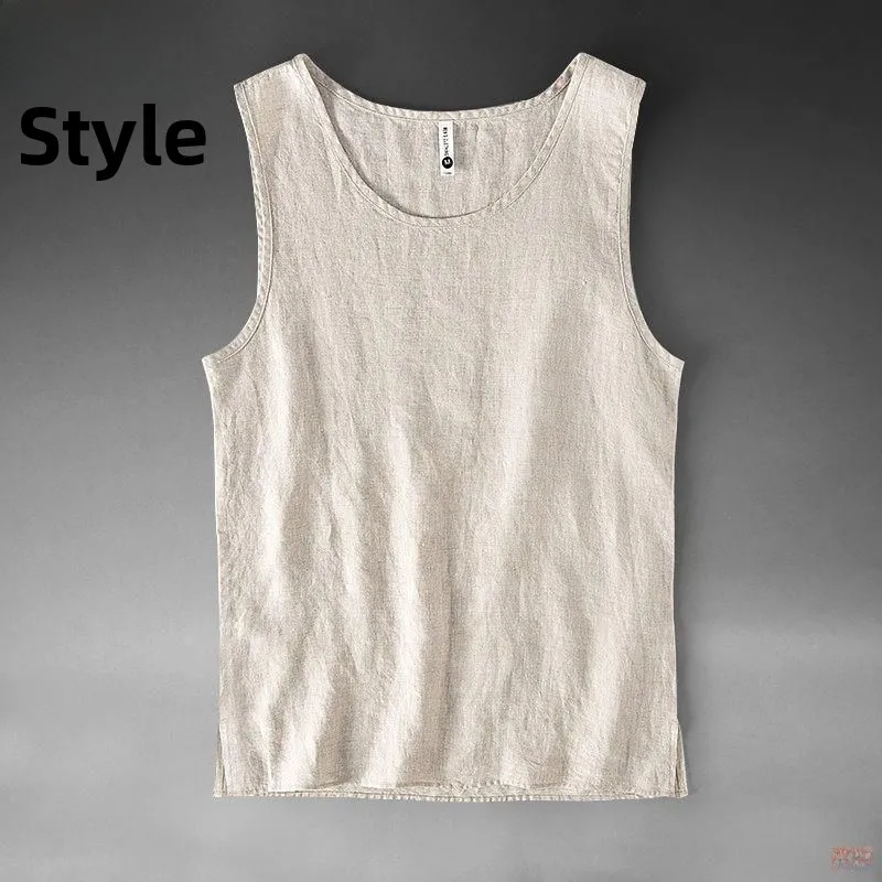 

Pure Linen Svel Vest Men's Summer Thin Large Size Beach Loose Cut Svel Sweatirt Pure Color oulder Pad