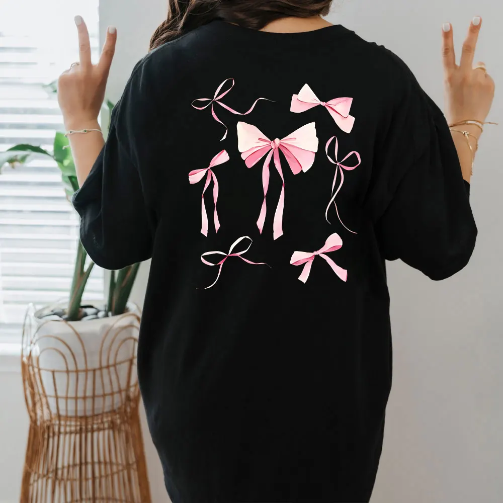 Bow Ribbon Tee for Girls Bow Shirt Trendy T-Shirt for Women Pink Gift for Mom Birthday Gift for Friend Shirts Lovely Cotton Tops