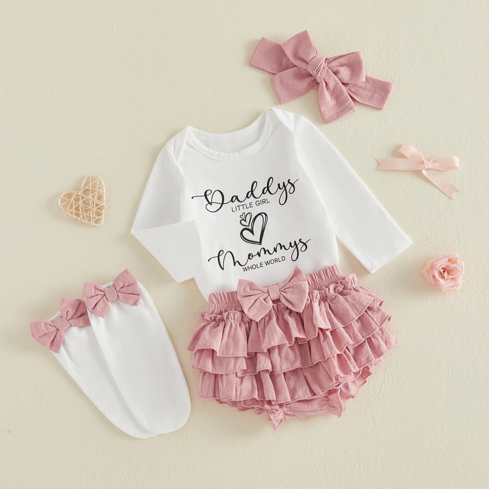 Baby Girl Fall Outfits Letter Heart Print Crew Neck Long Sleeve Romper Ruffles Shorts Headband Socks 4 Pieces Set