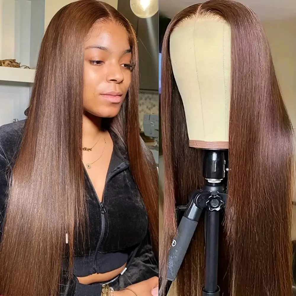 Brown #4 Bone Straight 13×4 HD Lace Front Wig 200% Density 13x6 Lace Frontal Wig Human Hair Chocolate Brown Wigs For Women