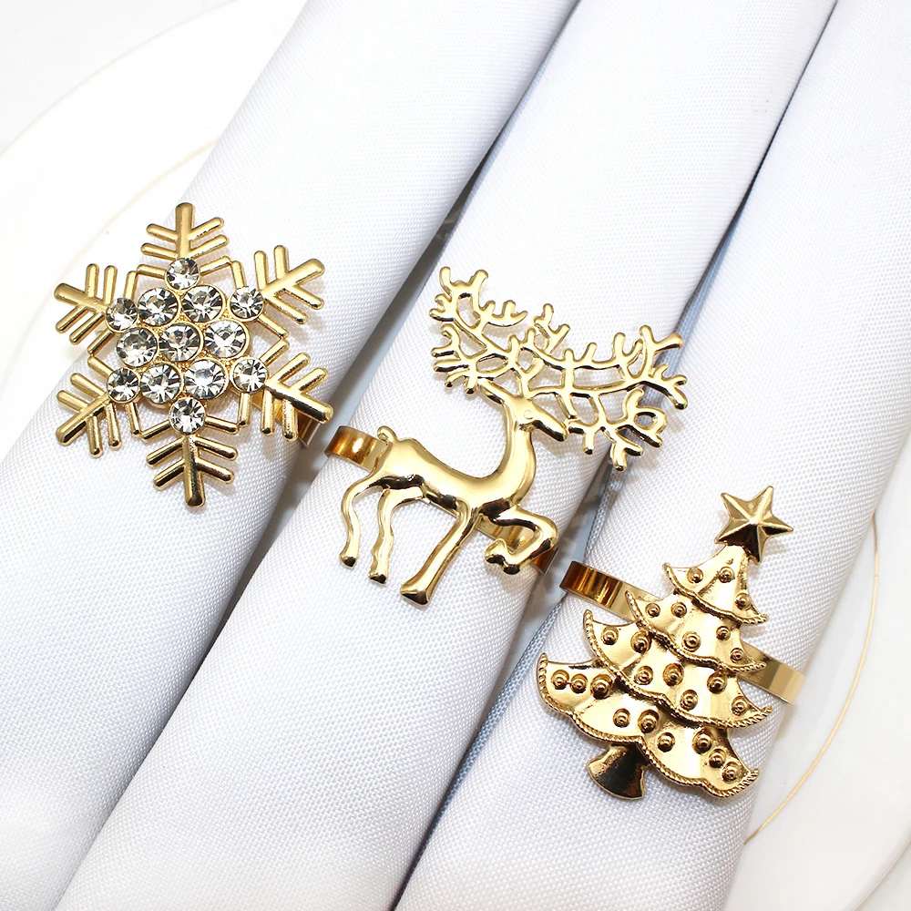 6Pcs Mixed Styles Christmas Napkin Ring Xmas Tree Snowflake Reindeer Elk Napkin Holder for Christmas Wedding Dinner Table Decor