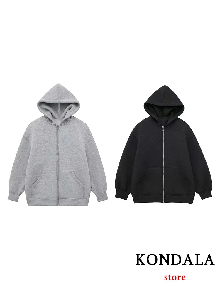 

KONDALA Vintage Casual Chic Women Jackets Solid Zippers Thick Warm Hooded Coats Fashion 2023 Autumn Winter Sweatshirts Outwears