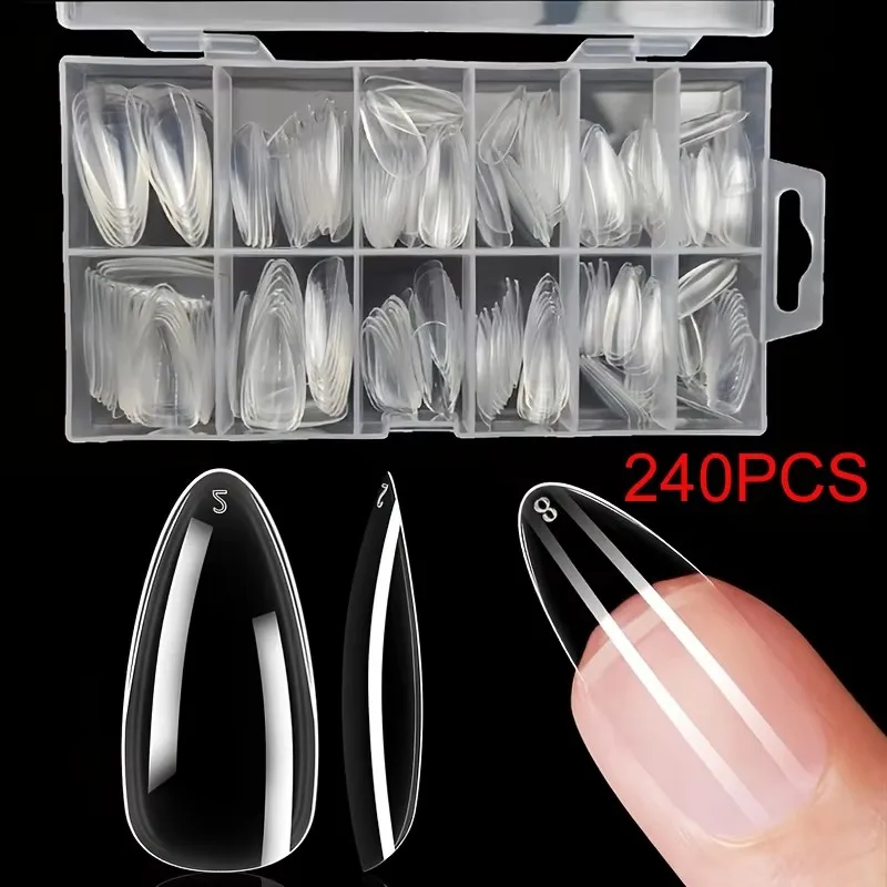 240 Pcs Almond False Nail Tips Clear Matt Soft Fake Nails Extension 12 Sizes For Home DIY Nail Salon Manicure