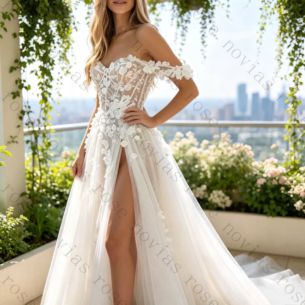 Customized Shoulder 3D Floral Tulle A Line Wedding Dress Sweetheart Sheer Bodice High Slit Chapel Train Romantic Bridal Gown