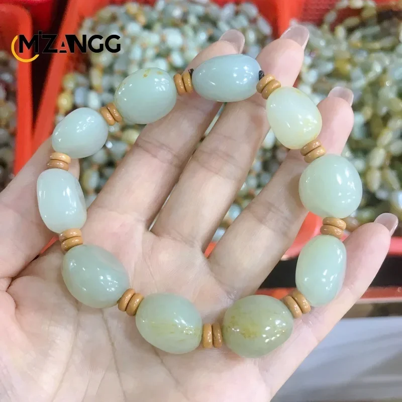 Natural Hetian Jade Original Stone Bracelet Men and Women Sprinkle Gold Leather Beads Exquisite Fashion Jewelry Holiday Gifts