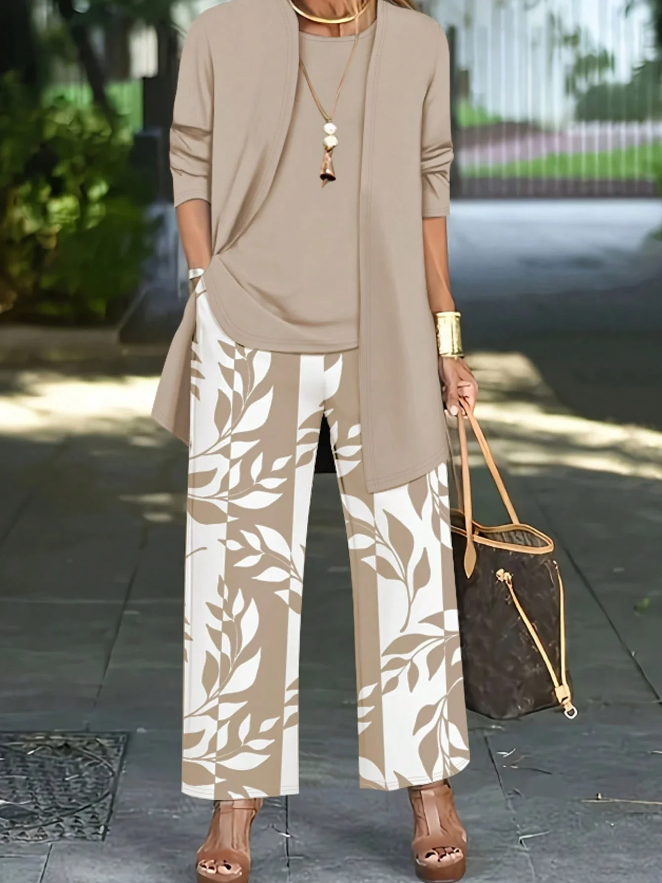 

3 Piece Set Women Casual Loose Printed Wide Leg Pants Long Sleeve Cardigan Tank Top Outfit