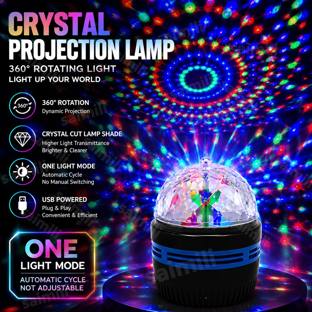 Mini USB Crystal Disco Ball Projector Light, Auto Rotating RGB Party Stage Lamp for Indoor Atmosphere Decor & Holiday Gift