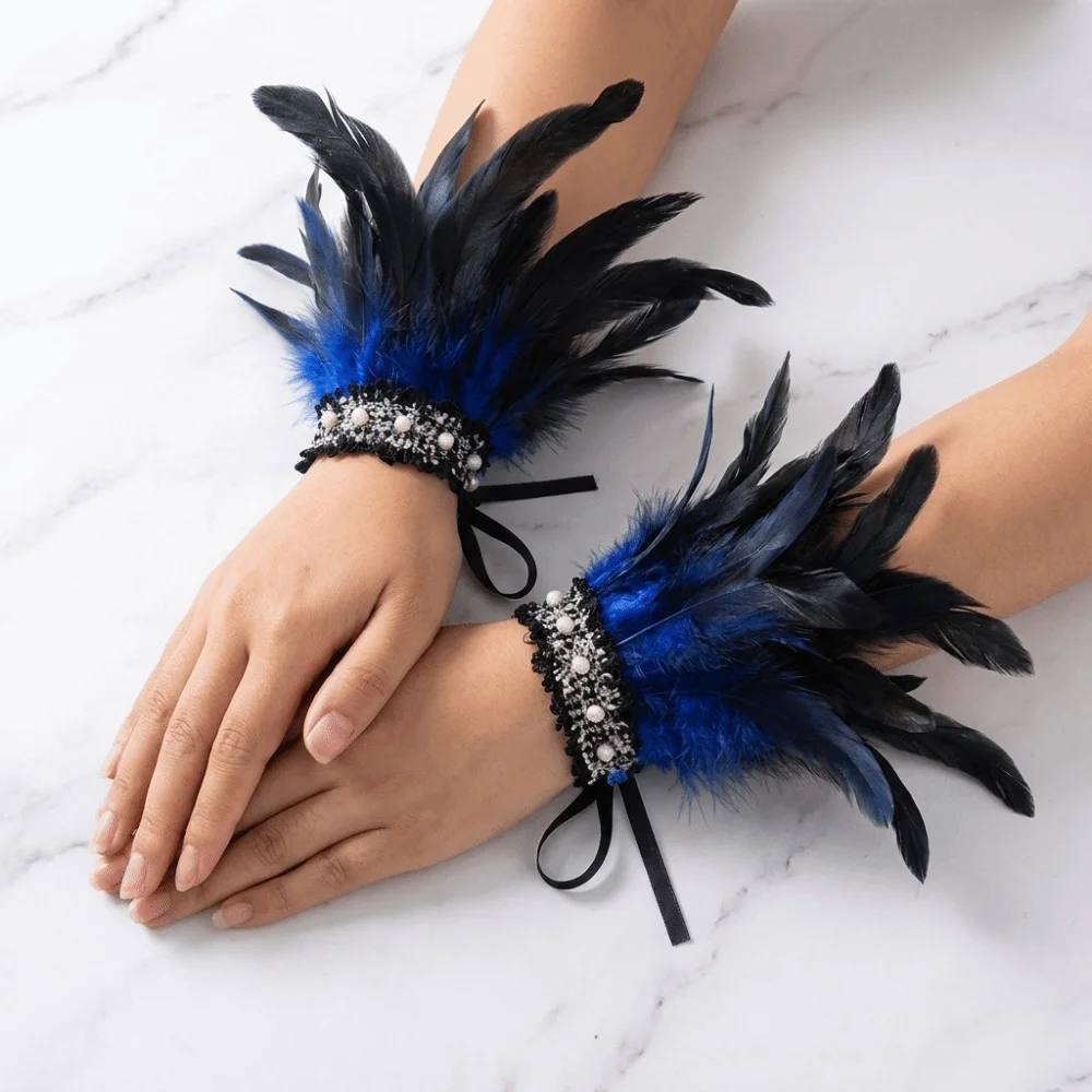 Elegant Lace Feather Wrist Cuffs Adjustable Lightweight Halloween Arm Cuff Pearl Fluffy Plume Bracelet Bar Stage Show