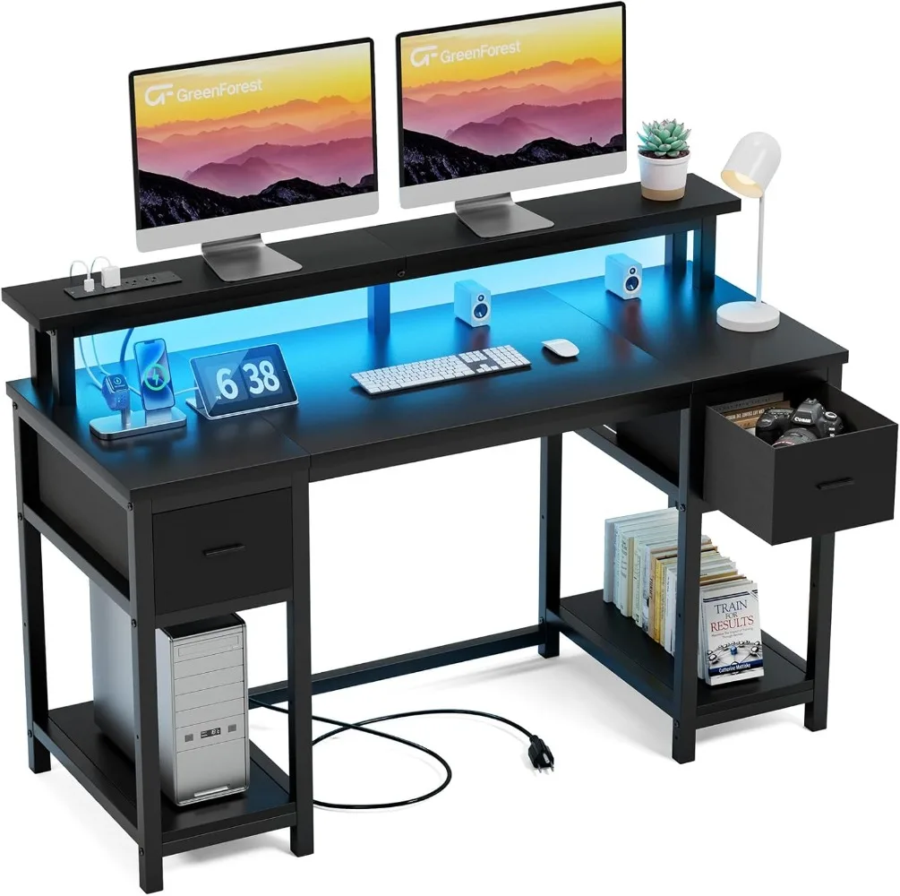 

Computer Desk with 2 Drawers and Power Outlets,w/ 2 Monitor Stands and Fabric File Cabinet,Reversible Gaming Table W/ Led Lights