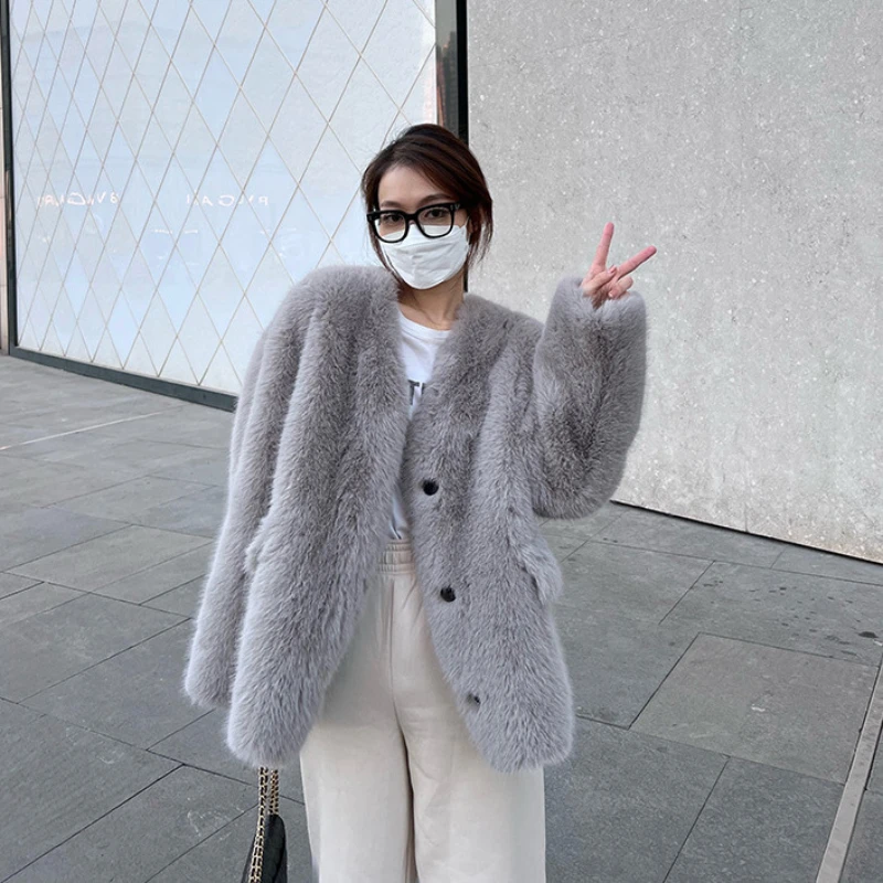 

Women's Fashion Faux Fur Coat Autumn Female Short Fox Fluffy Jacket High Quality Ladies ry Thick Outerwear G132