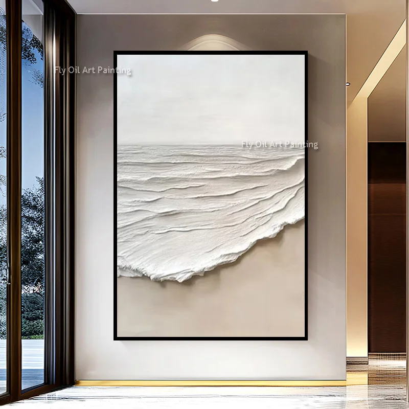 Abstract Handpainted Set Of Two Home Decor Items Artwork Beige Whiite Knife Thick Seawave Oil Painting New Fashional Wall Art
