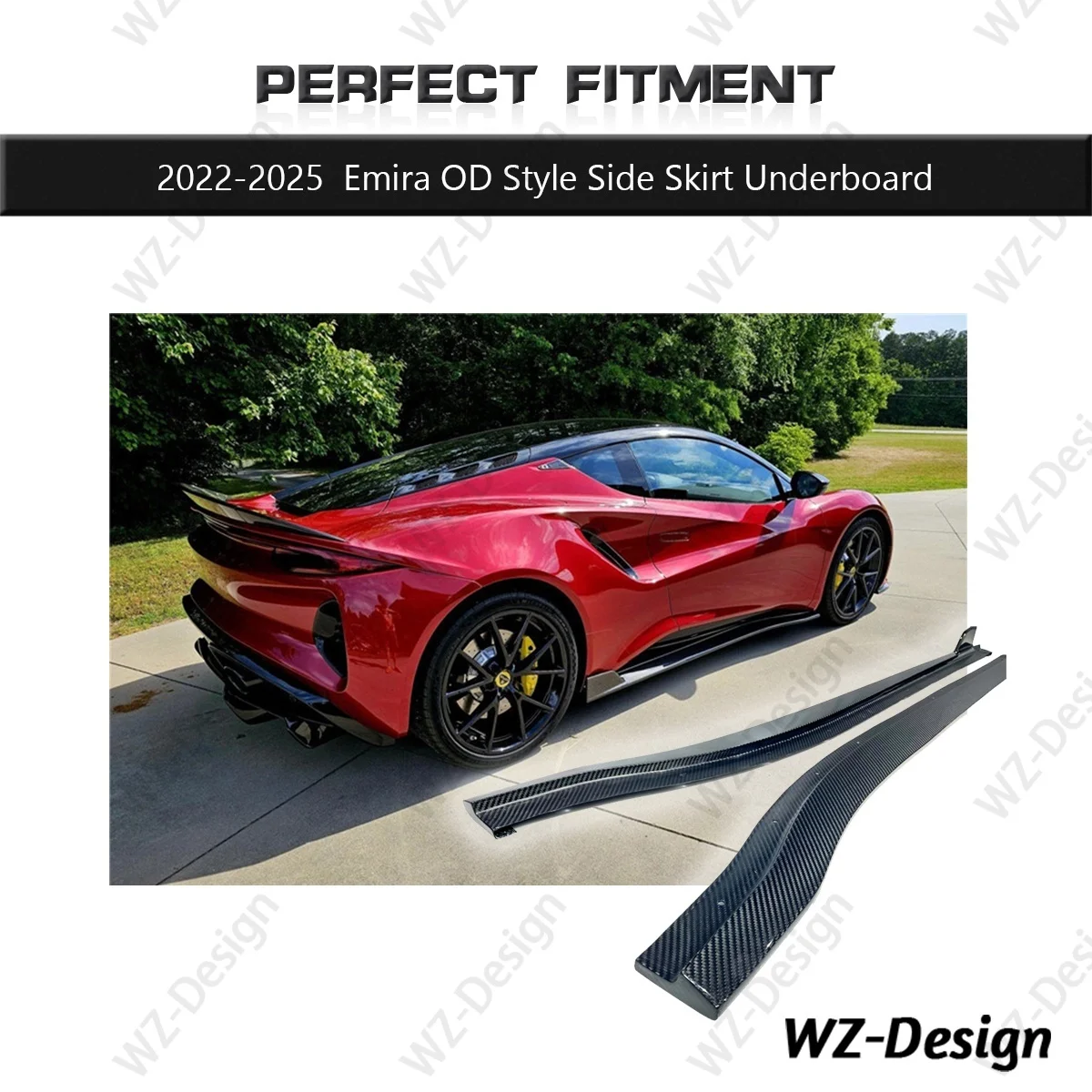 

Накладки на пороги из сухого карбона в стиле OD для Emira 2022-2025: расширители порогов, внешние тюнинг-детали