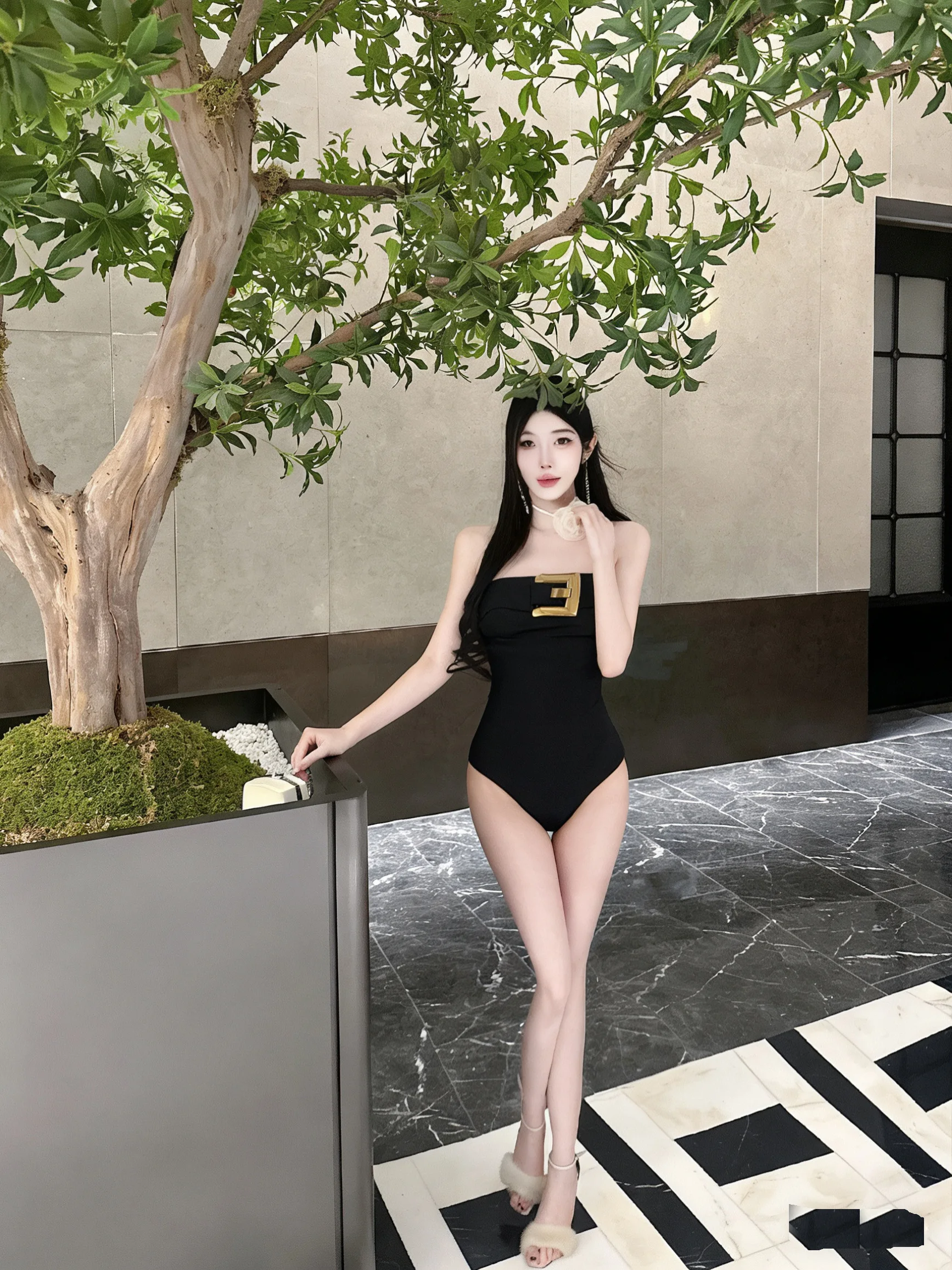 

Sexy Low Waist Swimsuit for Young Women with Flared Edges And Waist Cinching Gold Buckle Decoration Base Layer Pants
