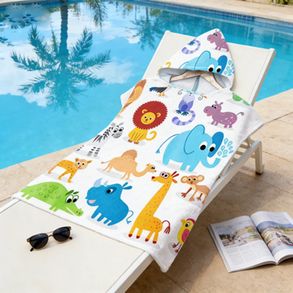 Quick-Dry Swimming Towel Cloak for Kids with Hat Cartoon Printed Durable Bath Towel Beach Wearable for Boys And Girls