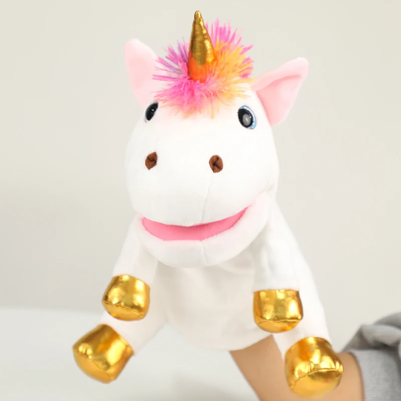 Nuevos marionetas de mano de unicornio de 30cm, juguetes de peluche, la boca puede mover muñecas de poni, juegos para padres e hijos, muñeca educativa temprana para contar historias