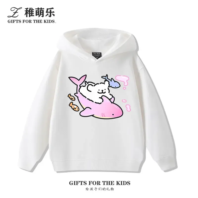 Garçons et filles océan tueur baleine dessin animé chiot imprimé sweat à capuche enfants automne et hiver mignon tout-match tenue décontracté