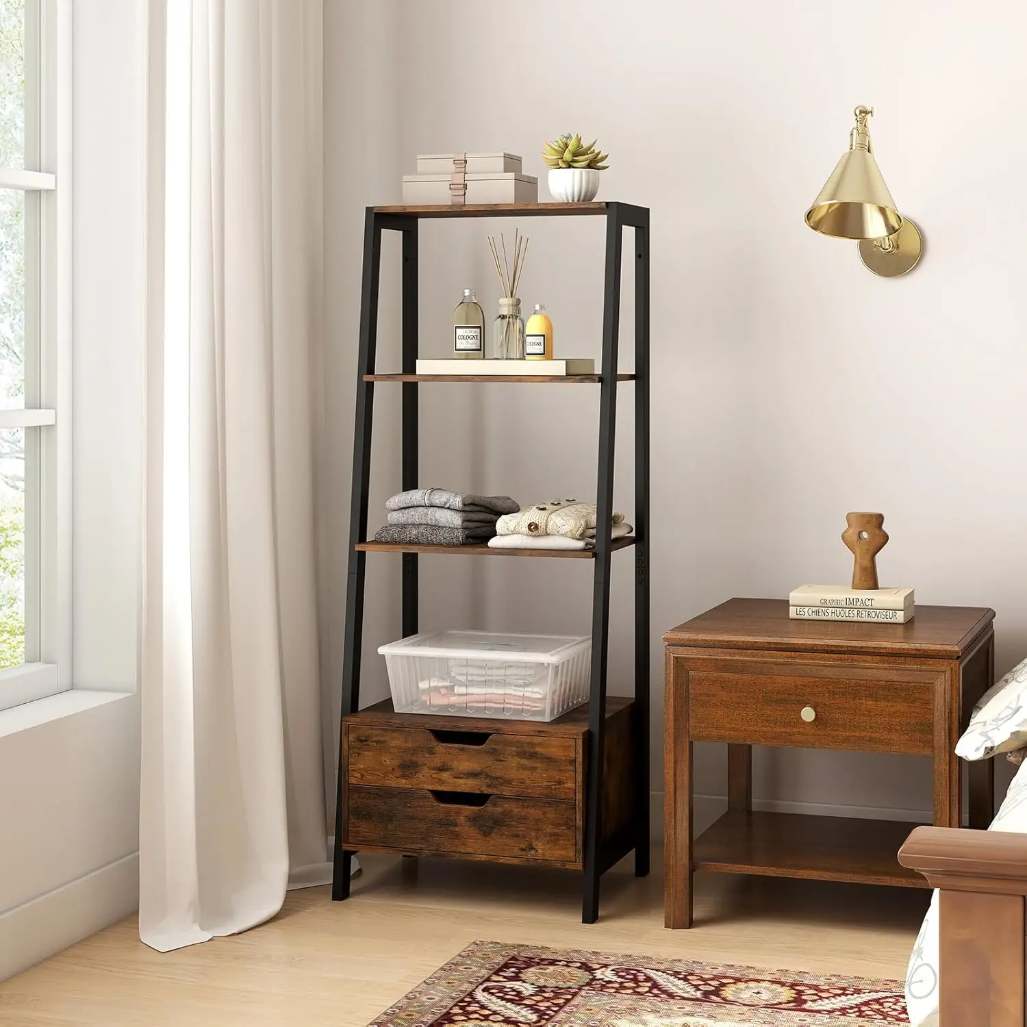 4-Tier Bookshelf with 2 Drawers, Modern Ladder Bookshelf w/Storage, Sturdy    Frame, Anti-toppling Devices, Display Stan