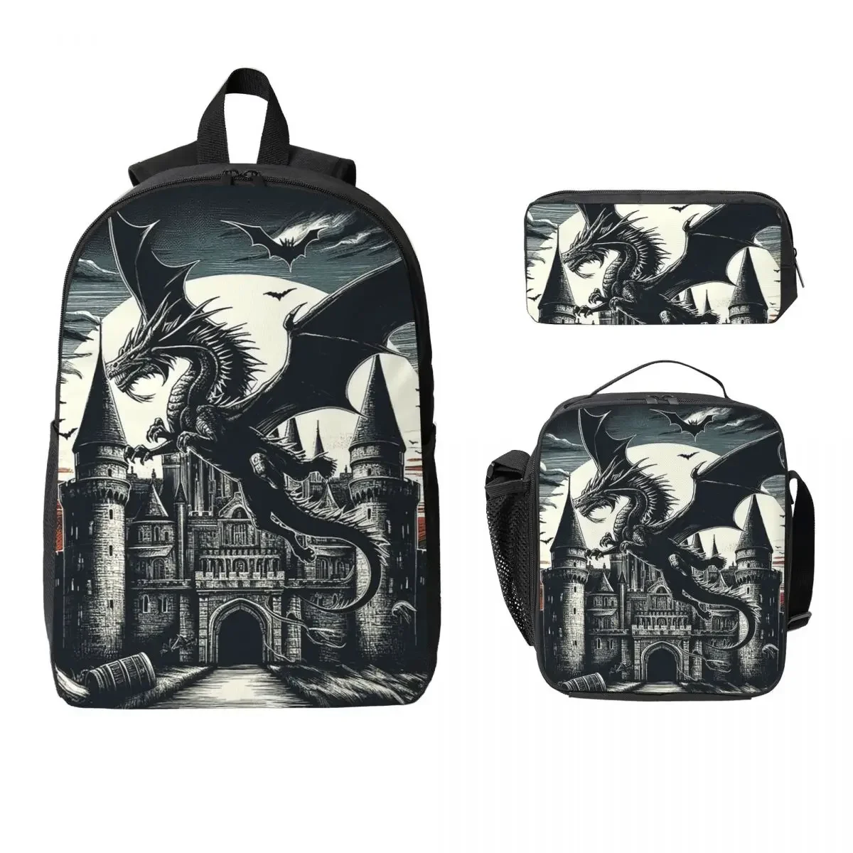 Fantasy Mythical Dragon And Castle Backpack BookBag School Bag Computer Shoulder Bags 3ps Insulated Lunch Bag Pencil Case