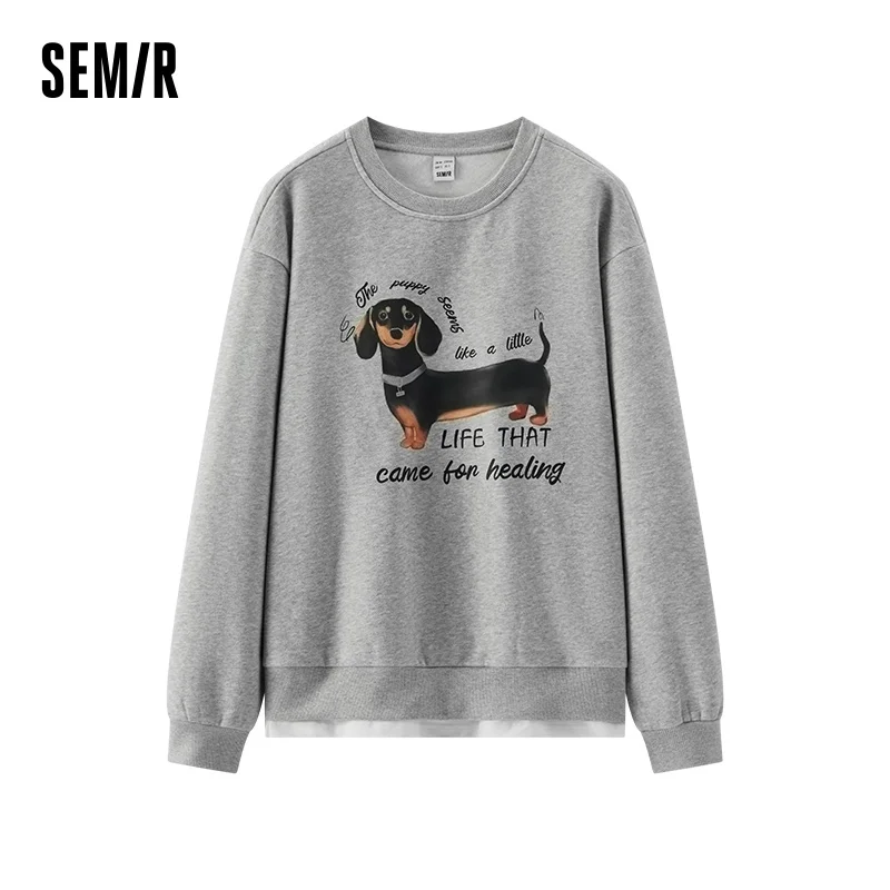 Semir Women Sweatshirt Fleece Lined Layered Look Dog Graphic Mid Length Urban Casual Style 2026 Winter Warm Layer Everyday Wear