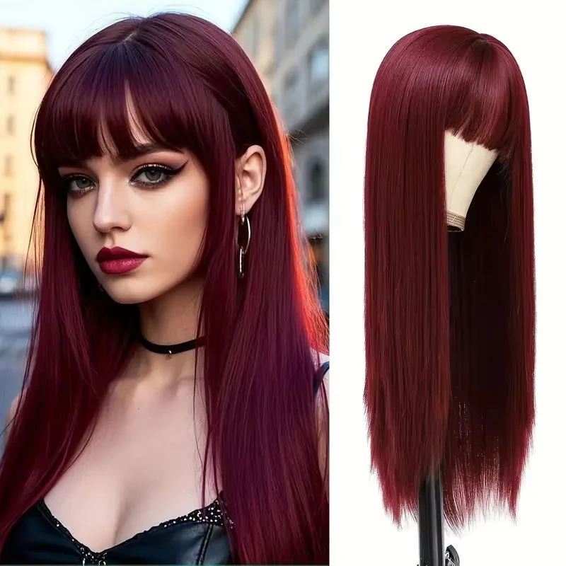 Long Straight Hair, Burgundy Synthetic Wig for Party, Halloween Cosplay Wig, Daily Use Wig, High-Temperature Hair Silk Wig Set