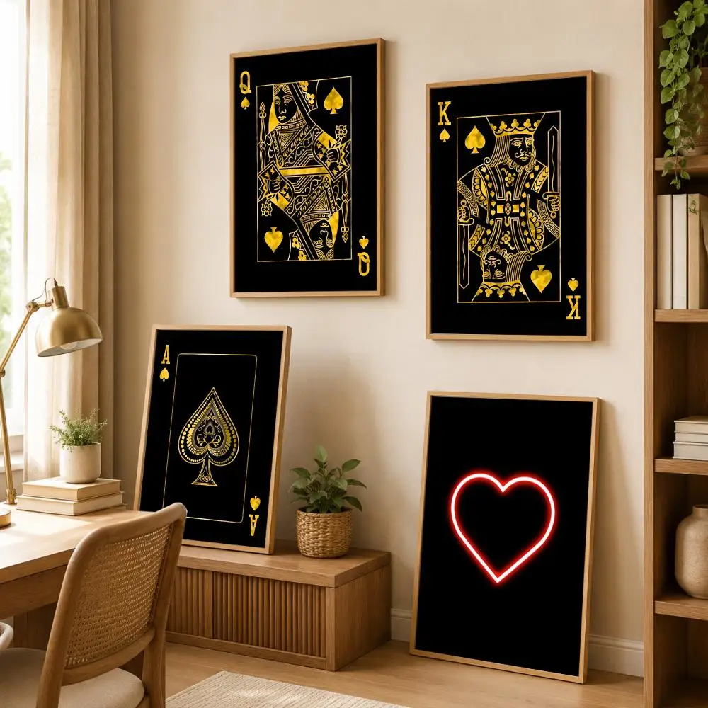 Gold Queen King Poker Poster Modern Art Wall Stickers HD Painting Self Adhesive Decals for Bedroom Living Room Home Decor