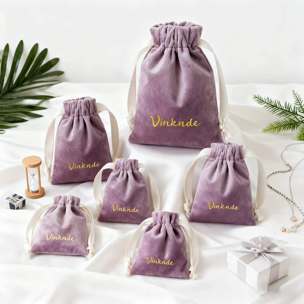

Personalization Purple Vlevet Cotton Drawstring Pouch Bag for Jewelry Earrings Perfume Lipstick Wigs Storage Travel Organizer
