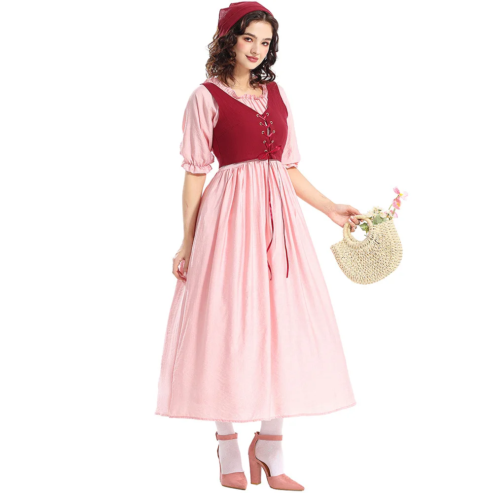 Rosa Retro-Halloween-Kostümkleid mit mittellangen Ärmeln, Renaissance-viktorianische mittelalterliche Kleidung für Partys und Themenveranstaltungen