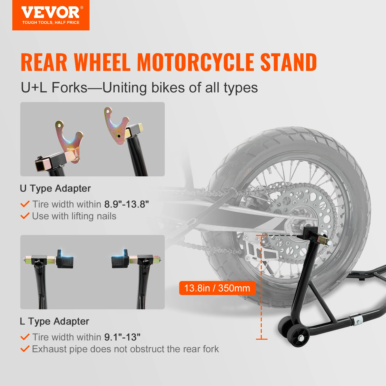 VEVOR Motorcycle Rear Wheel Stand with U + L Fork Swingarm Spool 850 lbs Capacity for Suzuki Yamaha Honda Kawasaki