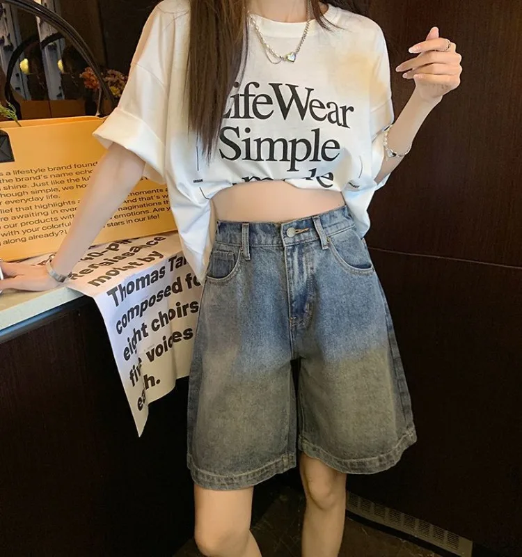 Summer Retro Denim Shorts for Women 2024 New High Waist Five-point Pants Loose Straight Korean Fashion A-line Half 