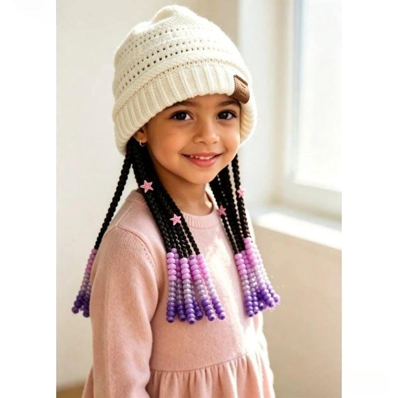 Knitted Beanie & Braided Wig Set – Synthetic Long Braids with Gradient Ends & Beads for Kids Daily, Party & Cosplay