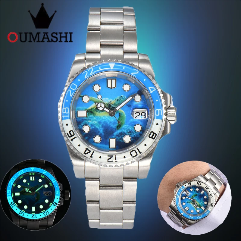 OUMASHI-40mm Blue all luminous bezel Men\'s automatic mechanical NH watch 35 316L stainless steel sapphire glass