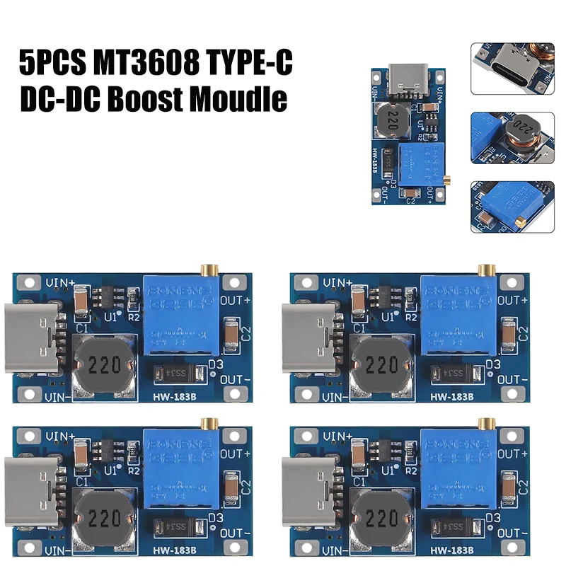 1-10 قطعة MT3608 قابل للتعديل تصعيد وحدة الجهد المنظم مايكرو/TYPE-C التوصيل 2 فولت-24 فولت إلى 5 فولت-28 فولت 2A خطوة المتابعة DC-DC دفعة محول
