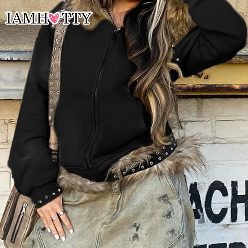 IAMHOTTY Faux Fur Feathers Patchwork Hoodie Jacket Autumn Winter Loose Rivet Zip-up Coat Grunge Style Hooded Outerwear Women