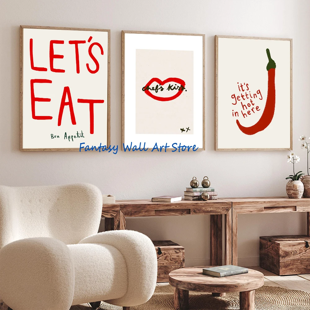 Red Kitchen Retro Wall Art Minimalist Line Drawing Lets Eat Home Kitchen Aesthetic Poster Canvas Painting Wall Pictures Decor