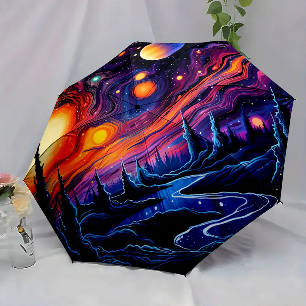 Colorful Cosmic Landscape With Planets And River Design portable waterproof sun rain umbrella for outdoor travel beach